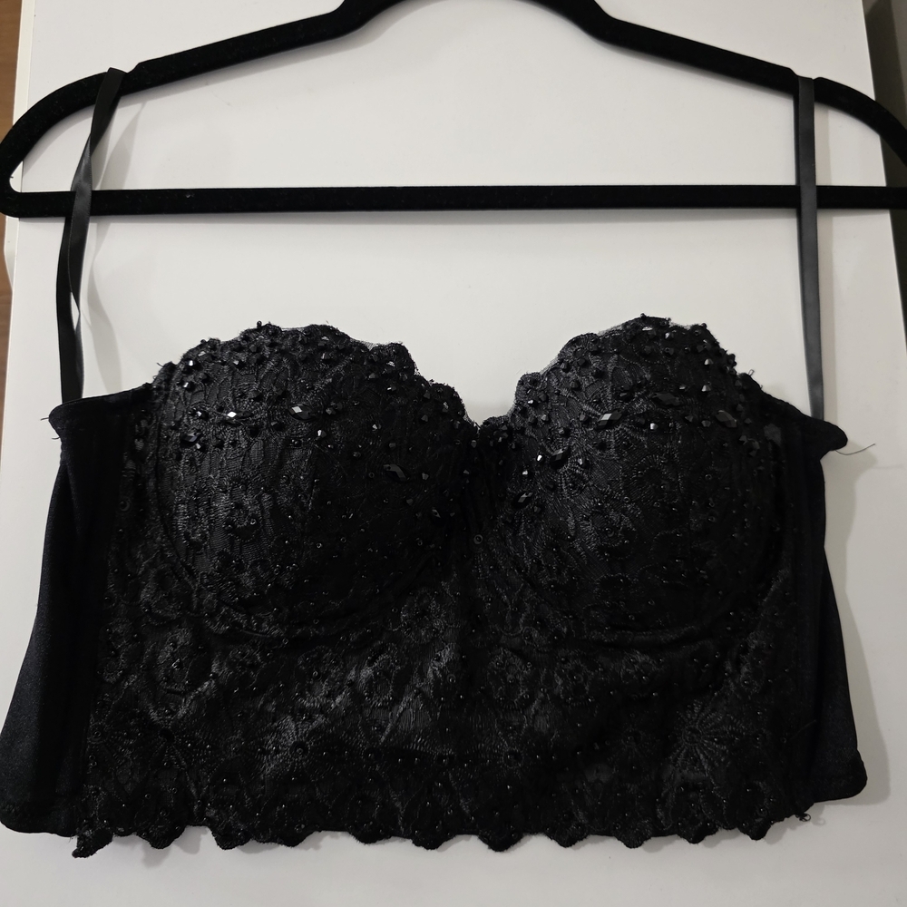 Strapless Black Lace Beaded Bandeau Bra